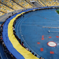 Мешканці Києва несуть український національний прапор на Олімпійському стадіоні, щоб відзначити День єдності. Фото: REUTERS/Umit Bektas